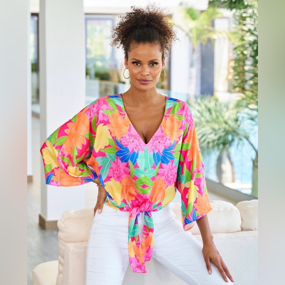 Boston Proper Mirrored Blooms Kate Tie Front Charmeuse Blouse Small Floral - Picture 2 of 10